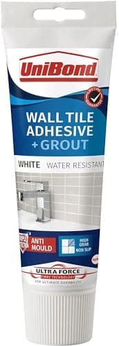 Image of UniBond 2643638 Ultra Force Wall Tile Adhesive and Grout in Easy Apply Tube, 2 in 1 Waterproof Wall Tile Adhesive with Grout for Easy Tiling, White 300g