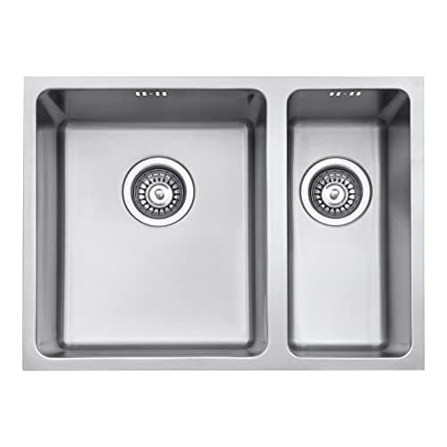 Image of JASSFERRY Undermount Stainless Steel Kitchen Sink 1.5 One Half Bowls Righthand Smaller Bowl with Strainer Waste Pipe Kit, 590 X 440 mm