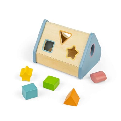 Image of Bigjigs Toys Shape Sorter House - 6pcs Wooden Shape Sorting Puzzle, Educational Games & Puzzles, Montessori Activity, Gifts For Babies & Toddlers, Age 12 + Months Old