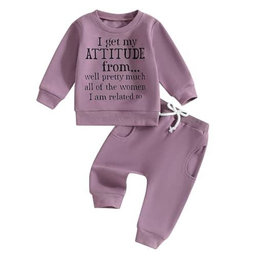 Image of BeliBacca Toddler Outfits For Girls Fall Winter Tracksuit Set Letter Print Long Sleeve Sweatshirt Pockets Pants Set 2 Pieces Baby Girls Clothes (Purple, 12-18 Months)