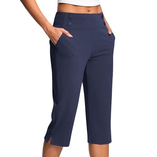 Image of HAOLEI Cropped Trousers Women Summer Petite 3/4 High Waist Stretch Ladies Capri Pants Casual Smart Tailored Suit Trousers Straight Leg Yoga Work Office Dress Pants with Pockets UK Clearance Navy