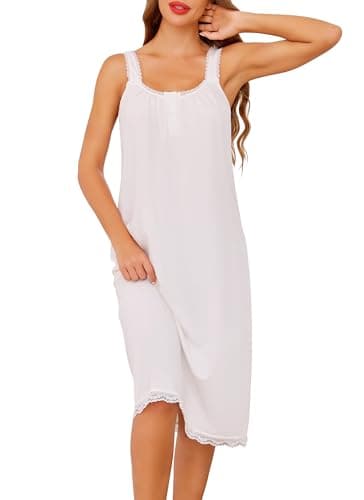 Image of Vlazom Cotton Nighties for Women Sleeveless Nightgown Elegant Lace Trim Ladies Nightdress Sleep Shirt Loungewear with Buttons White,M