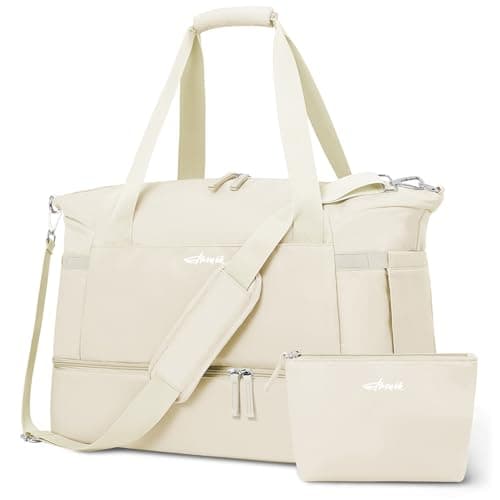 Image of ETRONIK Gym Bag Womens, Travel Duffel Bag, Easyjet Cabin Bag 45x36x20 Underseat, Weekend Bag with Shoes Compartment, Hospital Bag with Wet Pocket & USB Charging Port, Overnight Sports Bag, Big, Beige