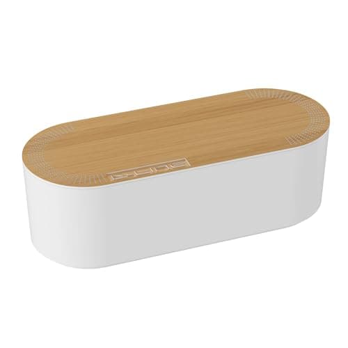 Image of D-Line Cable Tidy Box, Hide Extension Blocks, Desk Cable Management, Organise TV Cables - 415mm (L) x 165mm (W) x 135mm (H) - Large, White with Wood-Effect Lid