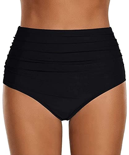 Image of ABINGOO Women's High Waist Bikini Bottoms Brief Solid Tummy Control Ruched Bathing Suit Bottom(Black,L)