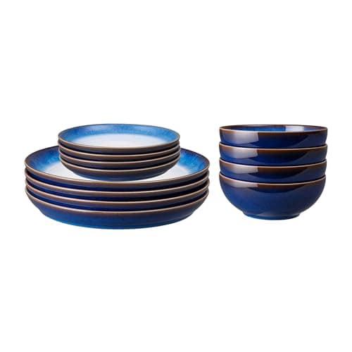 Image of Denby - Blue Haze Dinner Set for 4-12 Piece Ceramic Coupe Tableware - Blue Glaze Plate and Bowl Set - Dishwasher Microwave Safe Crockery - Includes 4 x Dinner Plates, Small Plates, Cereal Bowls