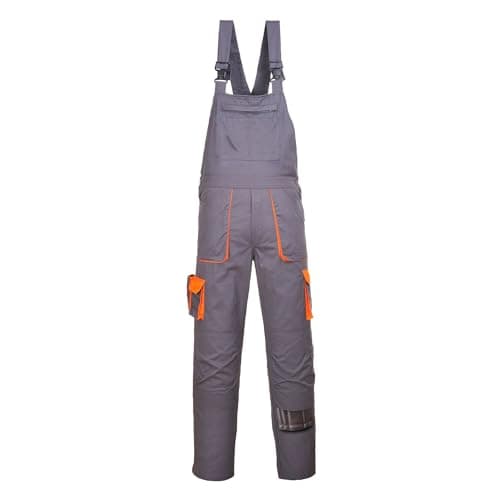 Image of Portwest TX12 Texo Contrast Bib and Brace Work Overalls Mens Workwear 10 Pockets UPF 40+ Sun Protection Elasticated Waist Knee Pad Pockets, Regular, Grey, XXL