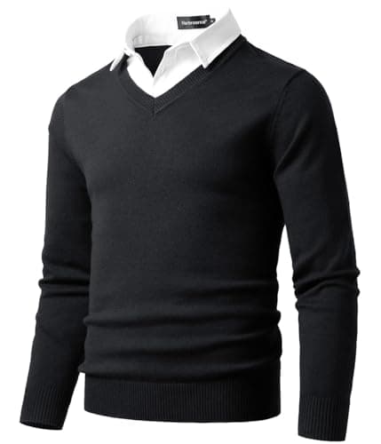 Image of Harbrosrce Men's Mock Shirt Collar Jumper V-Neck Sweater Long Sleeves Knitted Pullover Casual Business Basic Knitwear