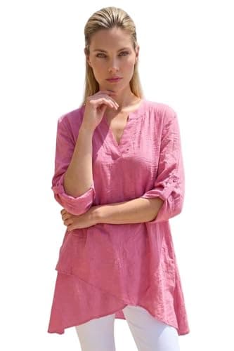 Image of Roman Originals Floral Print Tunic Top for Women UK Ladies Casual Shirt Smart Blouse Asymmetric Wrap Hem Summer Holiday Party Cruise 3/4 Sleeve Longline Oversized - Pink - Size 12