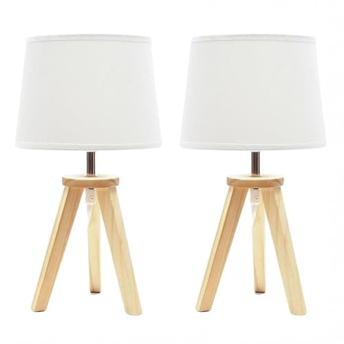 Image of ValueLights | Pair of - Natural Wood Tripod Table Lamp with Linen Tapered Lampshade Living Room Bedside Light - LED Bulbs Included | Table Lamps & Home Improvements Essential