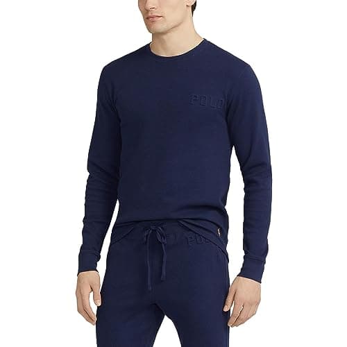 Image of POLO RALPH LAUREN Embossed Waffle Long Sleeve Crew, Cruise Navy/Vintage Khaki Pp, XL