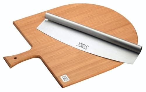 Image of KitchenCraft World of Flavours Wooden Pizza Board and Mezzaluna Pizza Cutter Set