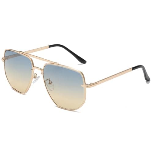 Image of Long Keeper Pilot Sunglasses Mens Womens Oversized Retro Avaiton Sunglasses Gold Frame Mirror & Transparent Lens Driving Sun Glasses Vintage Shades Anti UV400 (Gold Frame - Blue Yellow Lens)