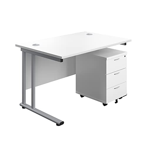Image of Office Hippo Professional Cantilever Office Desk With 3 Drawer Mobile Pedestal, Wood, White, Silver Frame, 120 x 80 x 73 cm