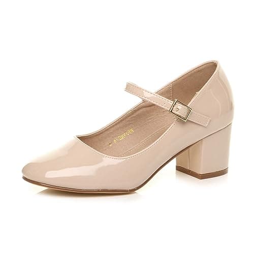 Image of AJVANI Womens Ladies mid Block Heel Strap Work Evening Party Mary Jane Court Shoes Size 5 38 Nude Patent