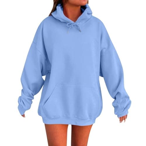 Image of Cropped Hoodie Womens Hoodies Oversized Ladies Casual Pullover Tops Long Sleeve Solid Color Hoodie Autumn Winter Sweatshirts with Pockets Cotton Jumpers for Women Uk Sky Blue