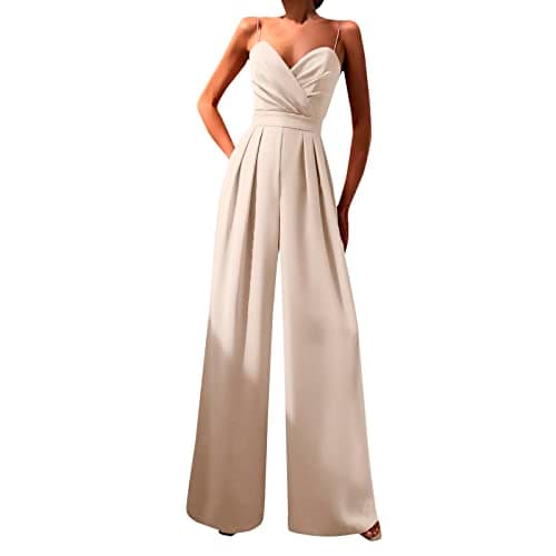 Image of Generisch Jumpsuit Women's Trouser Suit Jumpsuit Set Summer Elegant V-Neck Playsuits Sleeveless Backless Temperament Jumpsuit Loose Trousers with Wide Leg, pink, M