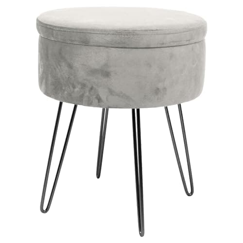 Image of Harbour Housewares Velvet Round Foot Stool with Storage - Grey with Black Legs - Modern Dressing Table Pouffe Footstool Vanity Seats Vanity Chairs Footstools for Living Room, Bedroom