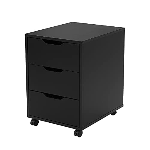 Image of Panana Office Mobile File Cabinet with 3 Drawers, White Wooden Storage Unit with Caster Wheels Under Table Pedestal Side File Document Cabinet (Black)