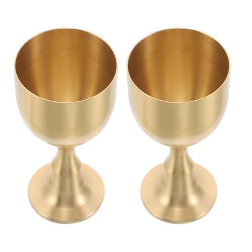 Image of Fenical 2pcs Golden Brass Holy Grail Chalice Goblets for Altar Offering, Vintage Antique Style Decorative Wine Glasses with Delicate Golden Patterns, for Living Rooms and Cosplay