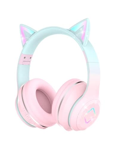 Image of Bluetooth Kids Headphones,Cat Ear LED Light Up Kids Wireless Headphones,Bluetooth 5.1&Stereo Sound,Foldable,Adjustable Headband,Children Headphone with Microphone Over Ear for School/Tablet (Pink)