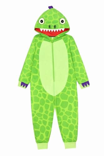 Image of GladRags Boys Girls Kids Dinosaur Hooded Fleece Onesie, All in One Pyjamas, Green, Age 7-8 Years