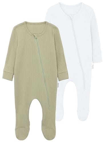 Image of DreamBuy 2-Pack Zip Sleepsuits – Baby Essentials for Newborns | 95% Cotton Baby Grow | Unisex Baby Clothes | Newborn Essentials | Soft Zip-Up Sleepsuit for Boys & Girls (Sage & White, 0-3 Months)
