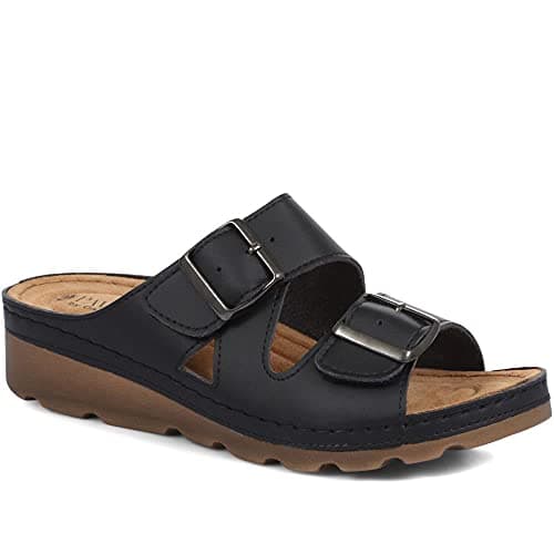 Image of Pavers Women's Adjustable Mule Sandals in Black - Comfortable Faux Leather Shoes with Suede Insole - Ladies Summer Footwear - Size UK 4 / EU 37