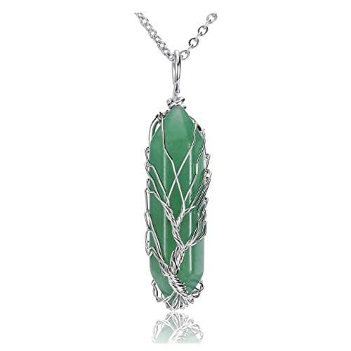 Image of JOVIVI Tree of Life Green Aventurine Crystal Gemstone Pendant Necklace Silver Wire Wrapped Healing Point Chakra Quartz Stone Necklace for Women Men