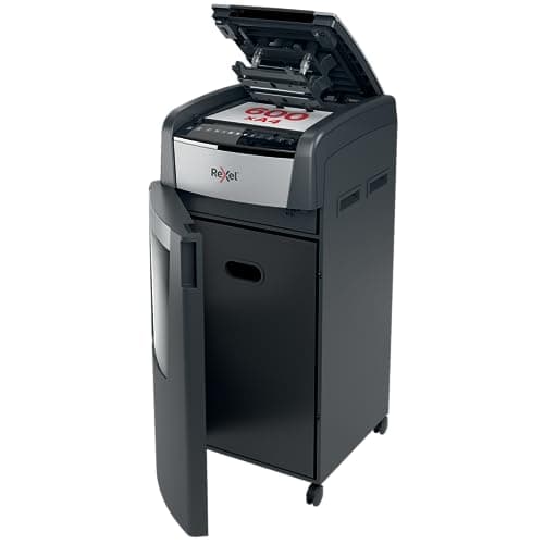 Image of Rexel Optimum Auto Feed+ 600 Sheet Automatic Micro Cut Paper Shredder, P-5 Security, 110 Litre Removable Bin, Castor Wheels, 2020600M,Black