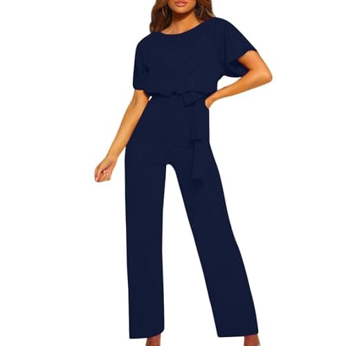 Image of OVARA Jumpsuits for Women UK Elegant Short Sleeve Romper Playsuit Ladies Plain Casual Sraight Leg All In One Jumpsuit Summer Comfy Classic One Piece Pants Onesies with Belt