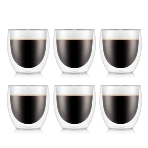 Image of Bodum Double Walled Glasses Pack of 6 PAVINA - 250ml Coffee Cups - Dishwasher Safe Thermal Cup - Mouth-Blown Borosilicate Glass