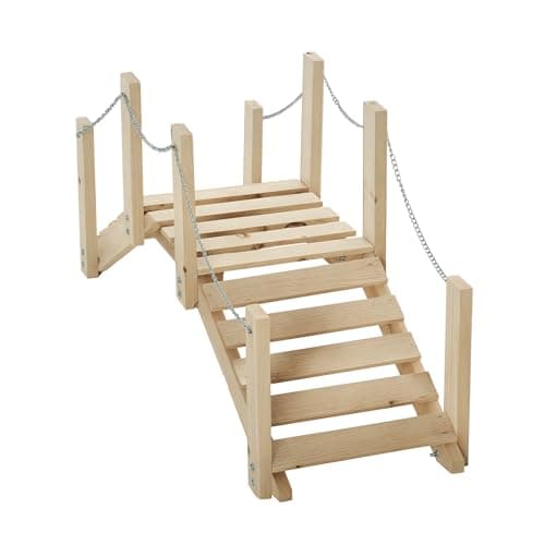 Image of Outsunny Small Fir Wooden Garden Bridge, Arch Walkway with Metal Chain Railings for Landscape Creek Pond, Natural Wood