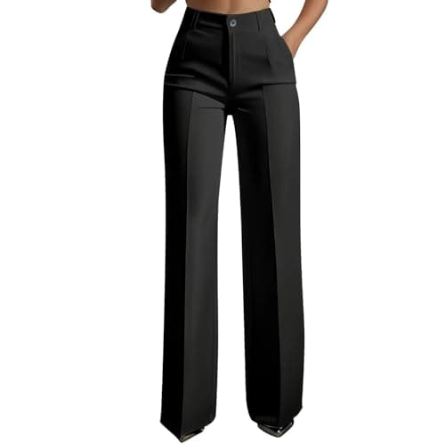 Image of Work Trousers for Women UK Ladies Elegant Slim Fit Office Smart Stretch Pants Wide Leg Bootcut Yoga Palazzo Pant Tummy Control Jogging Tailored Elastic Waist Bottom Business Workout Pockets Black M