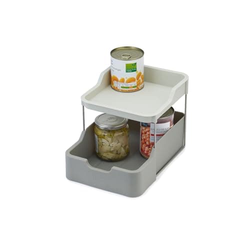 Image of Joseph Joseph Duo 2-tier Cupboard Organiser with Drawer, Kitchen and Storage Organiser for Spices, Packets and Cans, Grey