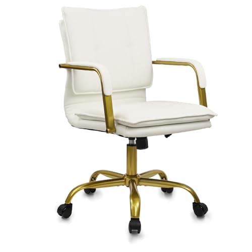 Image of CLATINA Leather Home Office Chair Adjustable Height Executive Chairs with Padded Armrest, Swivel Mid-Back Computer Desk Chair with Gold Legs, Comfy Upholstered Task Chair with Wheels, White