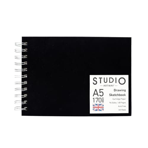 Image of Artway Studio A5 Spiral Bound Sketchbook - Landscape - 48 Pages (96 Sides) of 170gsm Cartridge Paper - Black Hardcover Drawing Pad for Sketching, Drawing & Illustration