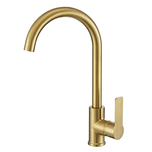 Image of Peppermint Brushed Gold Kitchen Tap Single Lever Monobloc Mixer Tap Kitchen Sink in Gold Sink Mixer Taps 1 Hole Swan Neck 360° Swivel Spout