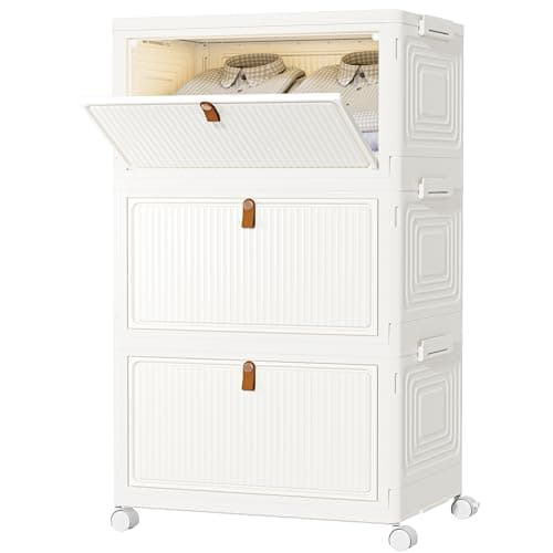 Image of HOMIDEC Wardrobe Storage Organiser,3 Tier Stackable Clothes Storage Boxes with Wheels,Folding Drawers for Clothes,Cupboard Organiser for Bedroom Wardrobe Bathroom Kitchen 33L*3 Pack