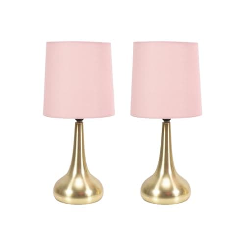 Image of ValueLights | Brushed Gold Teardrop Touch Dimmer Table Lamps with Blush Pink Shade | Home Décor, Bedside & Desk Lamp | Includes Bulb