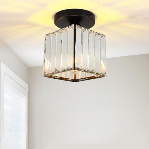 Image of FORCOSO Ceiling Lights, Semi Flush K9 Crystal Chandelier Lamp with Metal Lampshade, E27 Black Ceiling Lighting, Modern Light Fittings for Kitchen Hallway Living Room Bedroom Hall Home Decoration