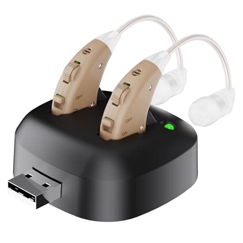 Image of Rechargeable Digital Hearing Amplifiers (Pair) - Ultra-Clear Personal Sound Amplifier for Seniors, Noise-Reducing Behind-the-Ear Audio Enhancers with One-Touch Volume Control & USB Charging Dock