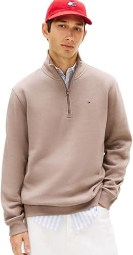 Image of Tommy Jeans Men's TJM Reg Fleece 1/4Zip Mock Neck DM0DM20339 Half Zip Sweatshirt, Grey (Ivy Mink), M