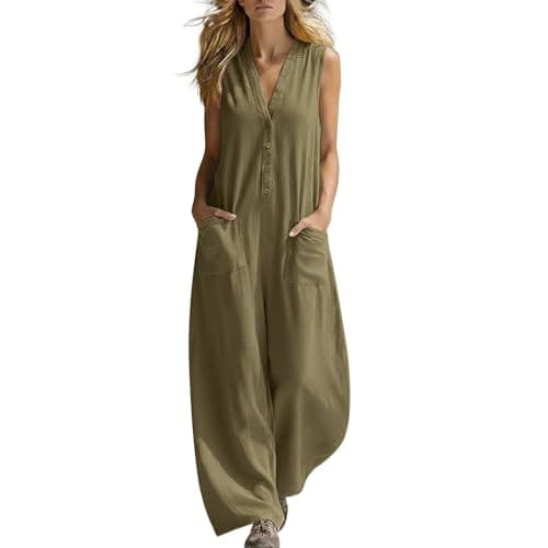 Image of Womens Dungarees Jump Suit for Women UK Women's Cotton and Linen Jumpsuit Sleeveless V Neck Jumpsuit Casual Button Down Wide Leg with Pockets Maternity Suits Blackish Green L