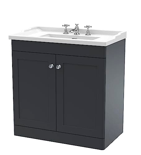 Image of nuie CLC1426G Classique Floor Standing 2 Door Vanity Unit & 3 Tap Hole Ceramic Basin, 800mm, Satin Anthracite, Soft Black