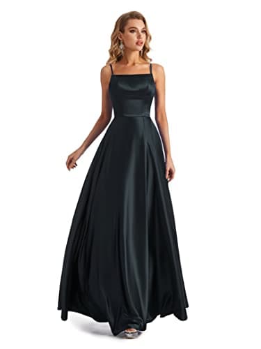 Image of Lecureler Satin Spaghetti Strap Prom Dress Black Size 12