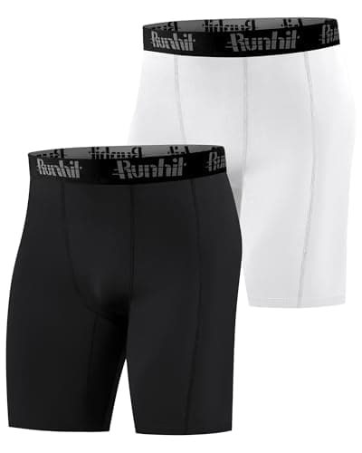Image of Runhit 1 or 2 Pack Mens Compression Shorts, Anti Chafing Underwear Moisture Wicking Tights Base Layer Shorts Quick Dry Spandex Fabric Sport Pants for Running Cycling Gym Black/White L