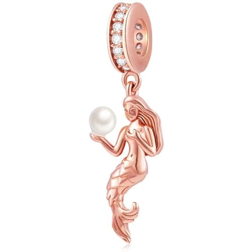 Image of Rose Gold Mermaid Holding Pearl Pendant Charms, fit Pandora Ocean Bracelet, 925 Sterling Silver Little Mermaid Ariel Princess Sea Life Dangle Bead, Gift for Daughter/Best Mum/Girl