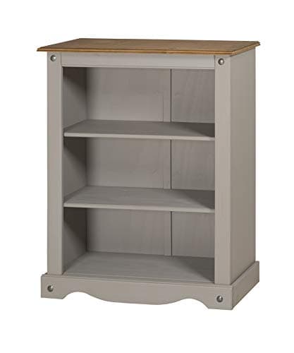 Image of Mercers Furniture Trade Corona Grey Wax Small Bookcase Solid Wood Pine Wooden Painted Low Shelving Shelves Office Bedroom Living Dining Kitchen 100cm High 82cm Wide 29cm Deep
