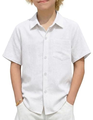 Image of Arshiner Boy's Button Down Shirt Summer Kids Short Sleeve Tops Casual Comfort Breathable Basic Shirts for Boys 11-12 Years Weiß